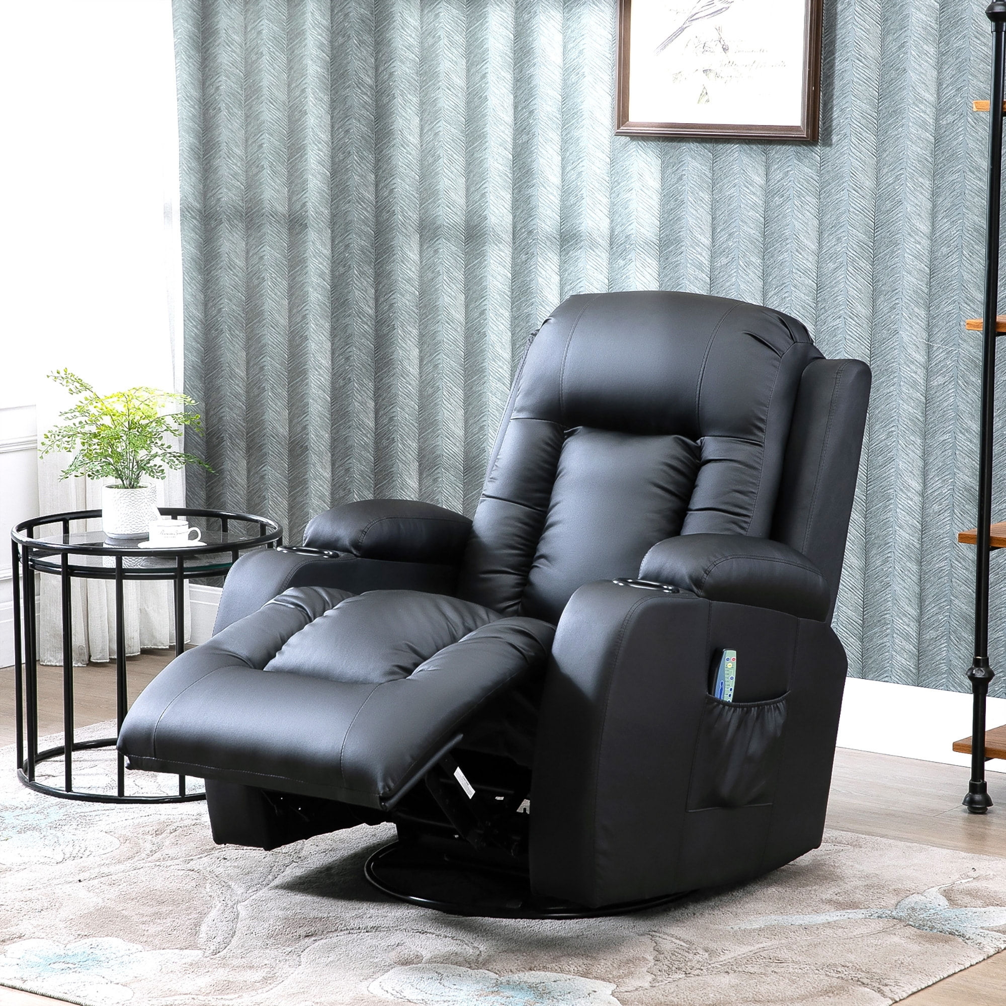 Fauteuil de massage et relaxation électrique chauffant inclinable manuellement repose-pied télécommande noir