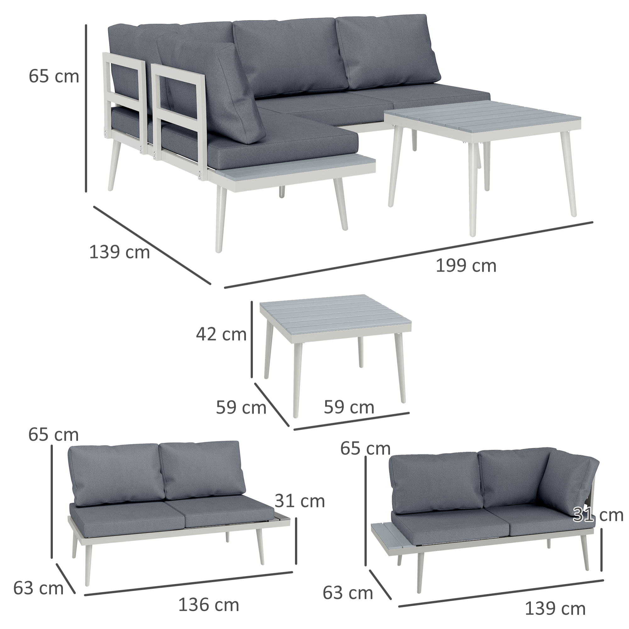 Ensemble salon de jardin modulable 4 personnes 3 pièces design métal crème coussins gris
