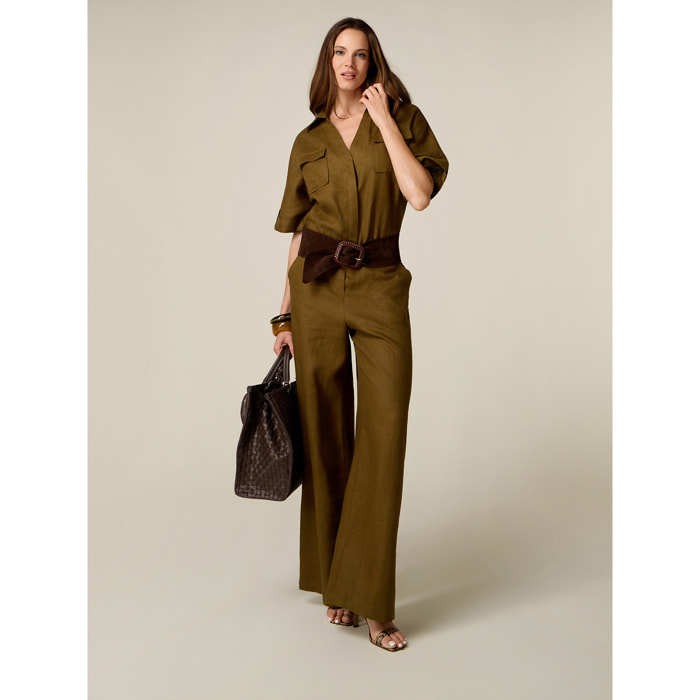Oltre - Pantaloni palazzo in lino - Verde militare