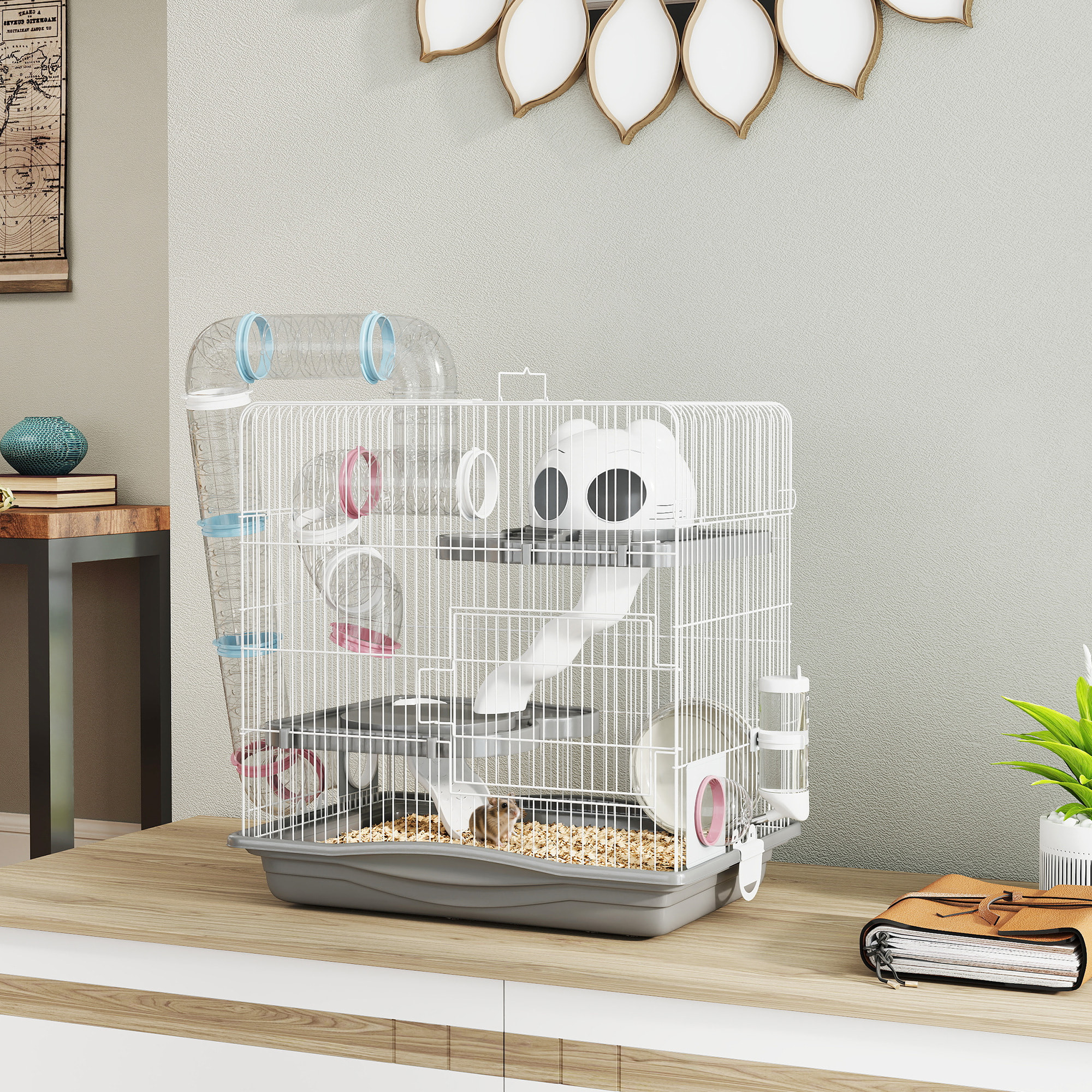 Cage rongeur hamster 3 niveaux cabane roue tunnel toboggan biberon mangeoire 45 x 30 x 45 cm blanc gris