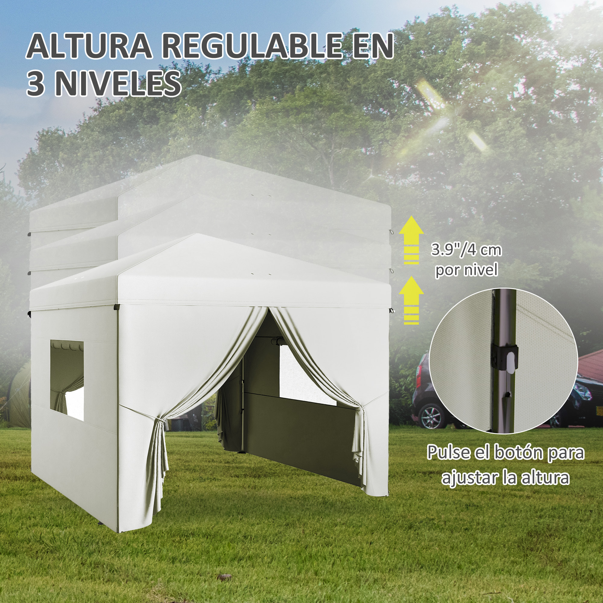 Carpa Plegable Pop-Up 3x3 m Cenador de Jardín con 4 Paredes Laterales 2 Ventanas de Malla Altura Ajustable Bolsa de Transporte Impermeable y Anti-UV para Camping Fiestas Blanco