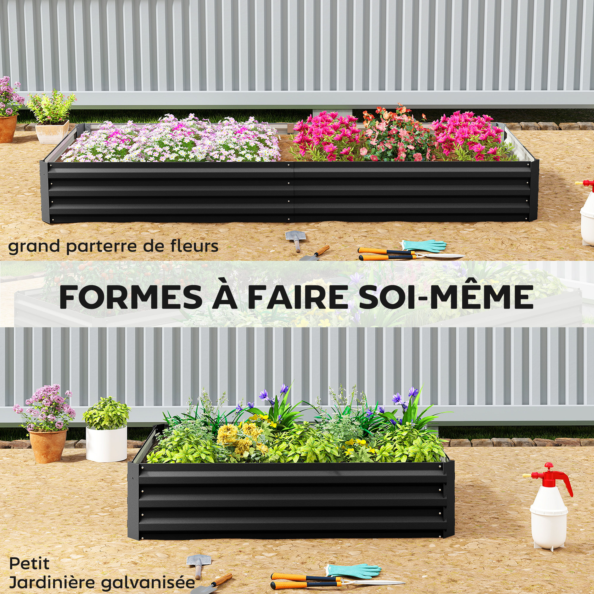 Carré potager de jardin dim. 241L x 90l x 30H cm tôle d'acier ondulée noir