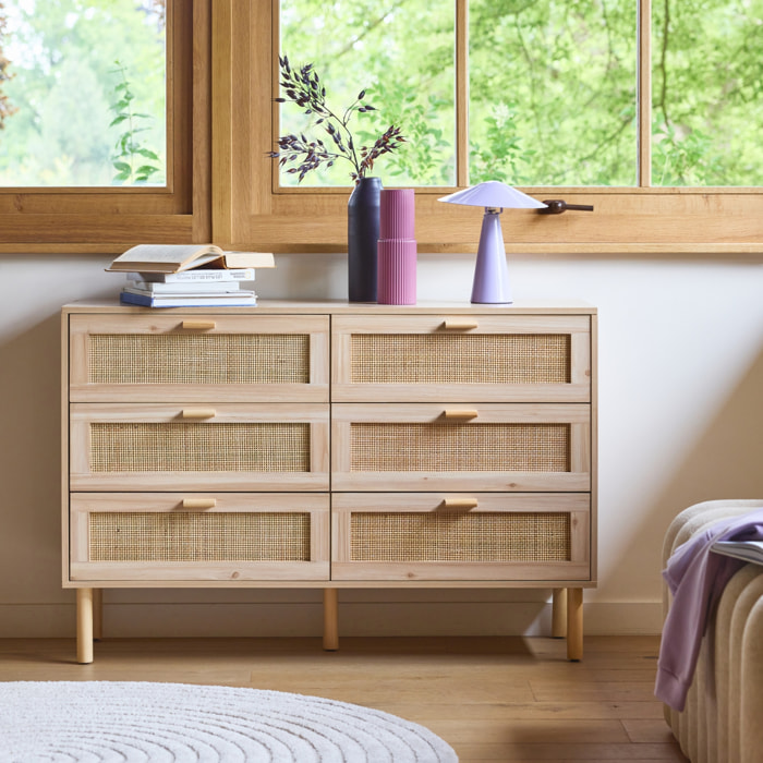 Commode cannage et décor bois 6 tiroirs CAMARGUE