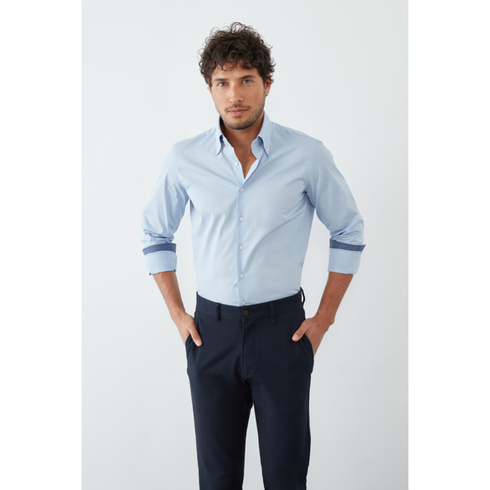 Camicia Uomo 2 Bottoni Button Down Slim Popeline Stretch Unito Celeste