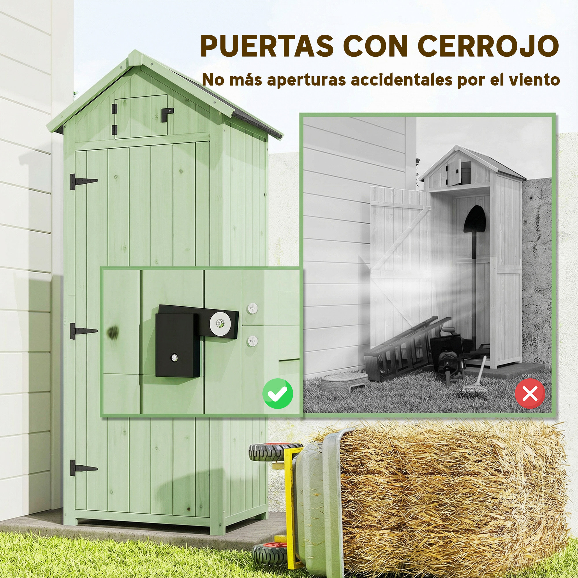 Armario de Jardín de Madera 77x54,2x179 cm 0,3 m² Cobertizo para Almacenaje de Herramientas con 3 Estantes y 2 Puertas con Cerrojo para Patio Terraza Verde