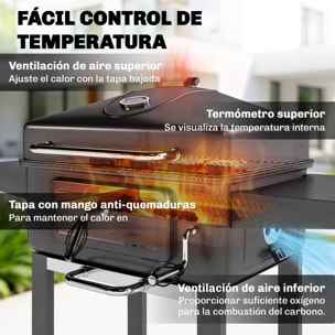 Barbacoa de Carbón Portátil, Barbacoa de Carbón Móvil con Bandeja y Ventilación Ajustable, Estantes Laterales, Termómetro, Tapa, Cajón de Cenizas, Ruedas, Puerta Frontal, Asa, Negro