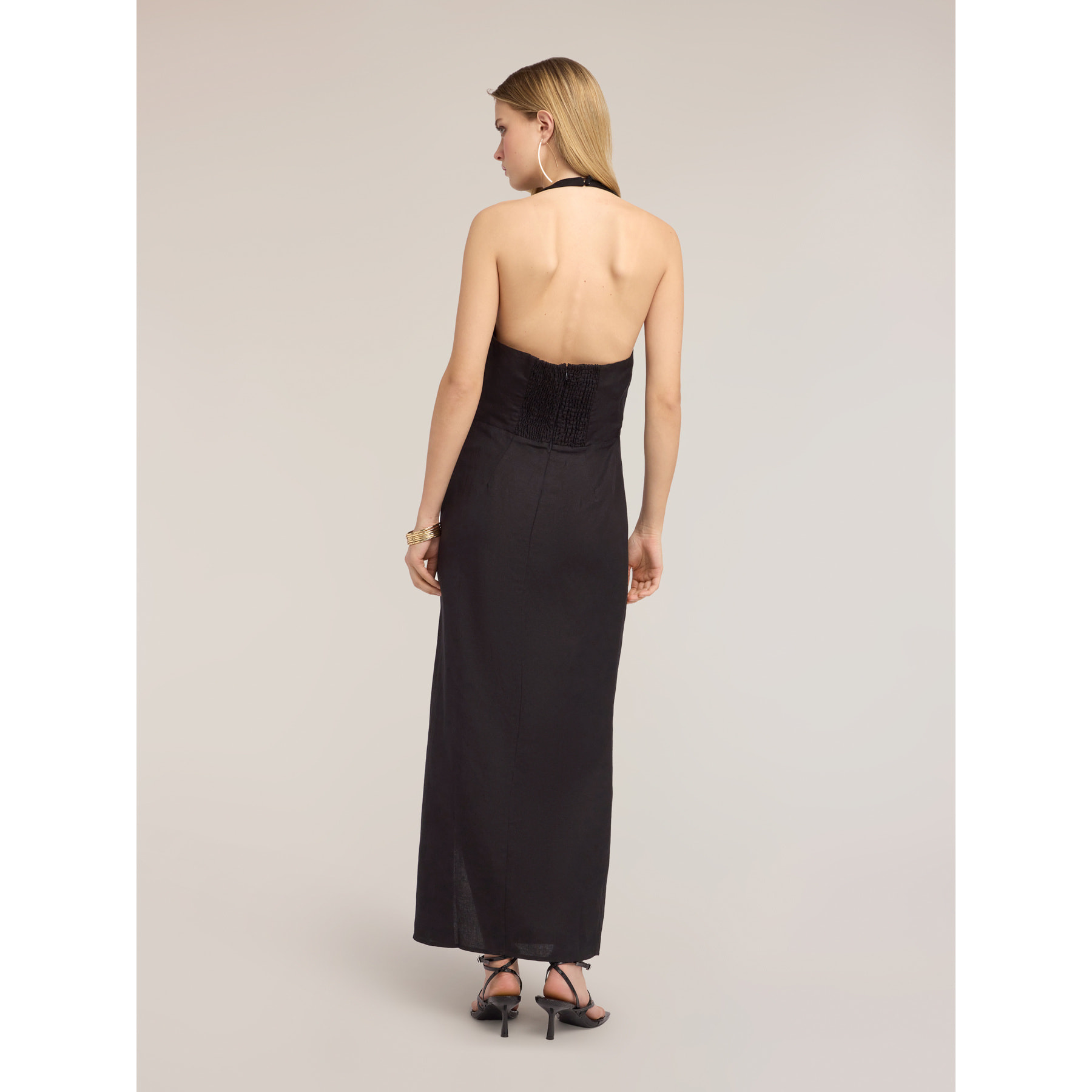 Motivi - Vestido largo en mezcla de lino con drapeado - Negro