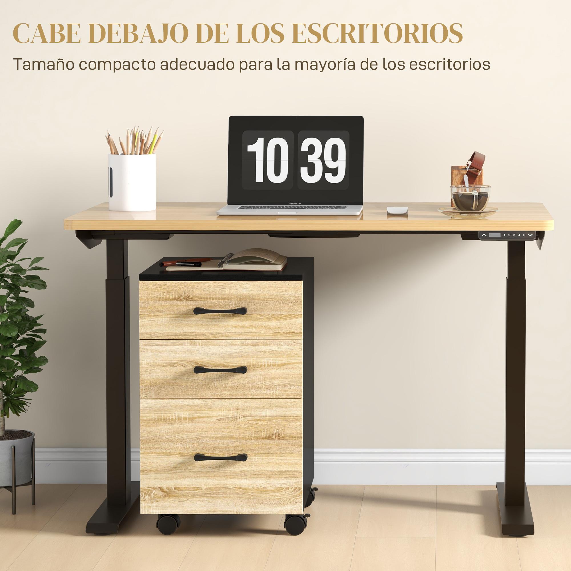 Cajonera de Oficina Mueble Archivador con 4 Ruedas 3 Cajones para Tamaño A4 Carta para Estudio Salón 40x42x65 cm Roble y Negro