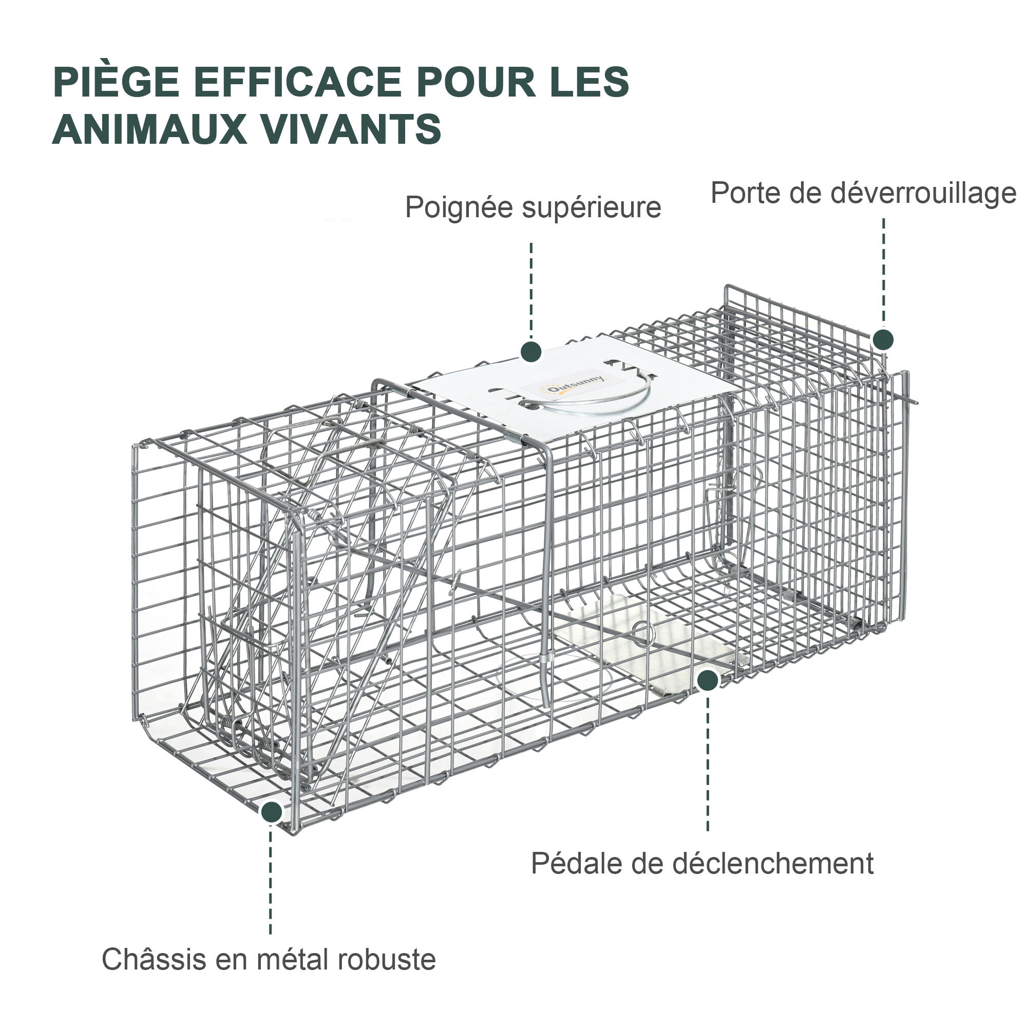 Piège de capture pliable pour petits animaux type lapin rat - 2 portes, poignée - dim. 66L x 24l x 30H cm - acier