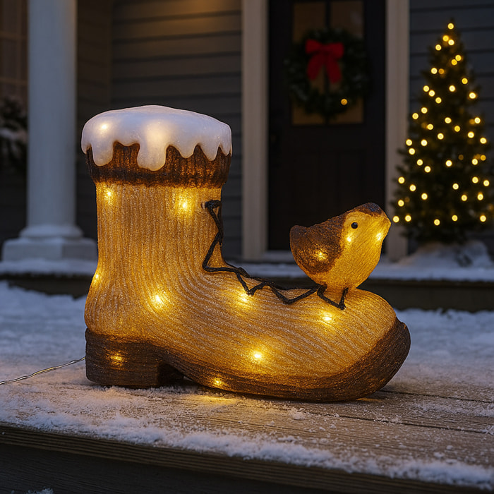 Decoración navideña de bota con pajaritos con 30 luces led 31x13x28cm