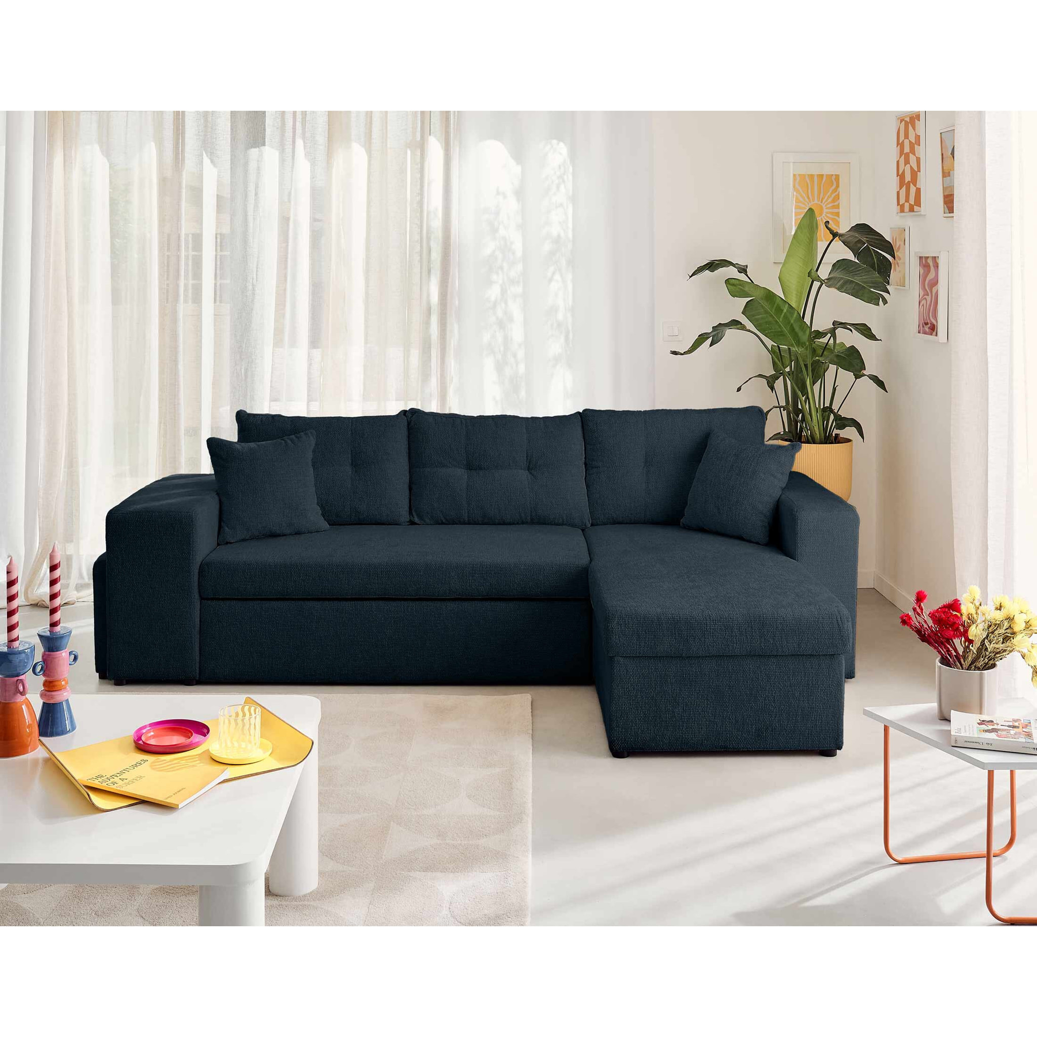 California - canapé d'angle réversible 4 places - convertible avec coffre, étagère et poufs - en velours texturé - Bleu
