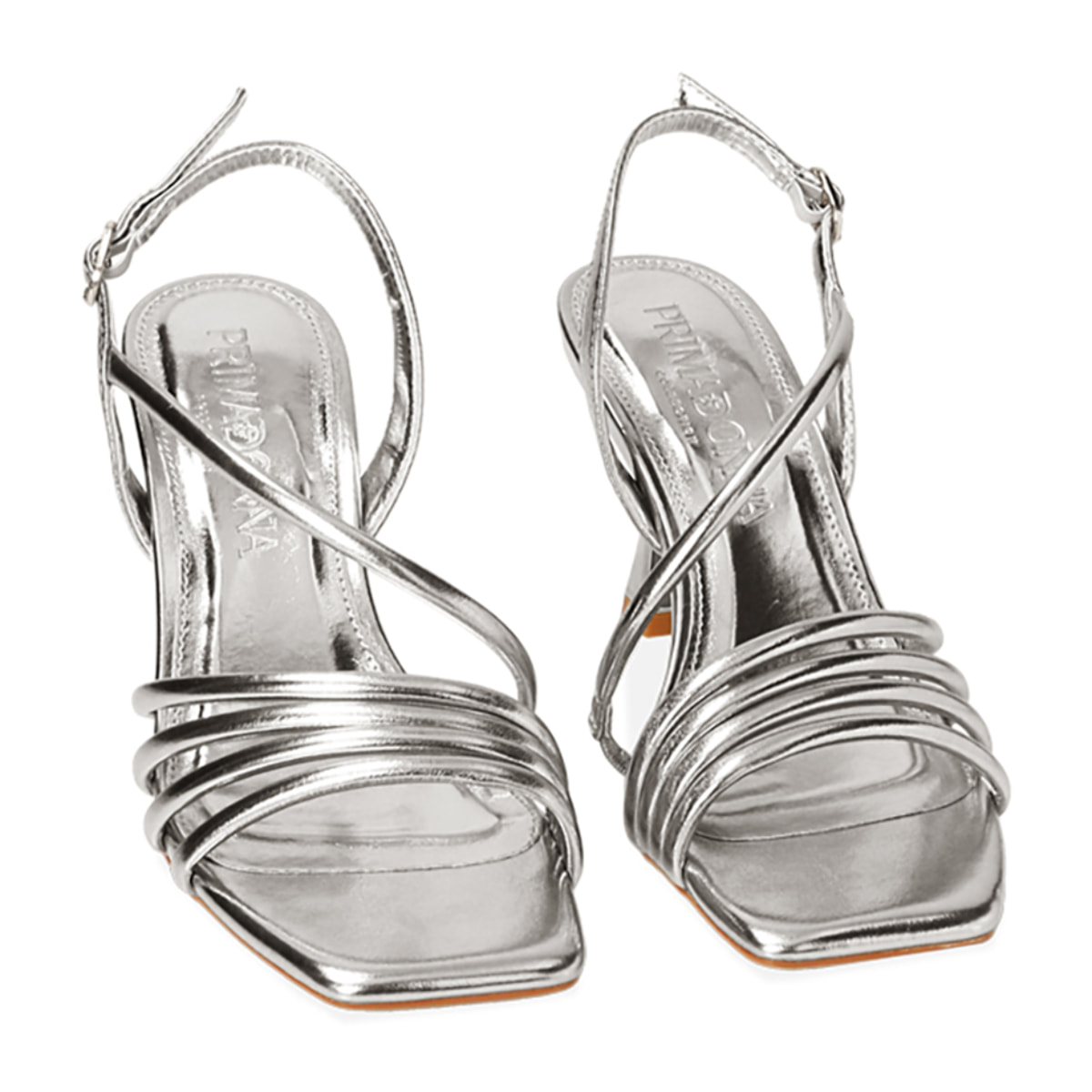 Sandali argento laminato, tacco 7,5 cm