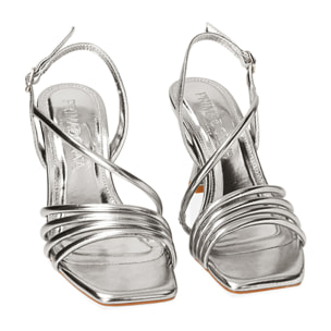 Sandali argento laminato, tacco 7,5 cm
