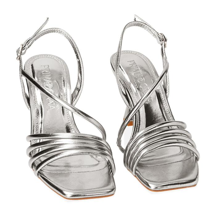Sandali argento laminato, tacco 7,5 cm
