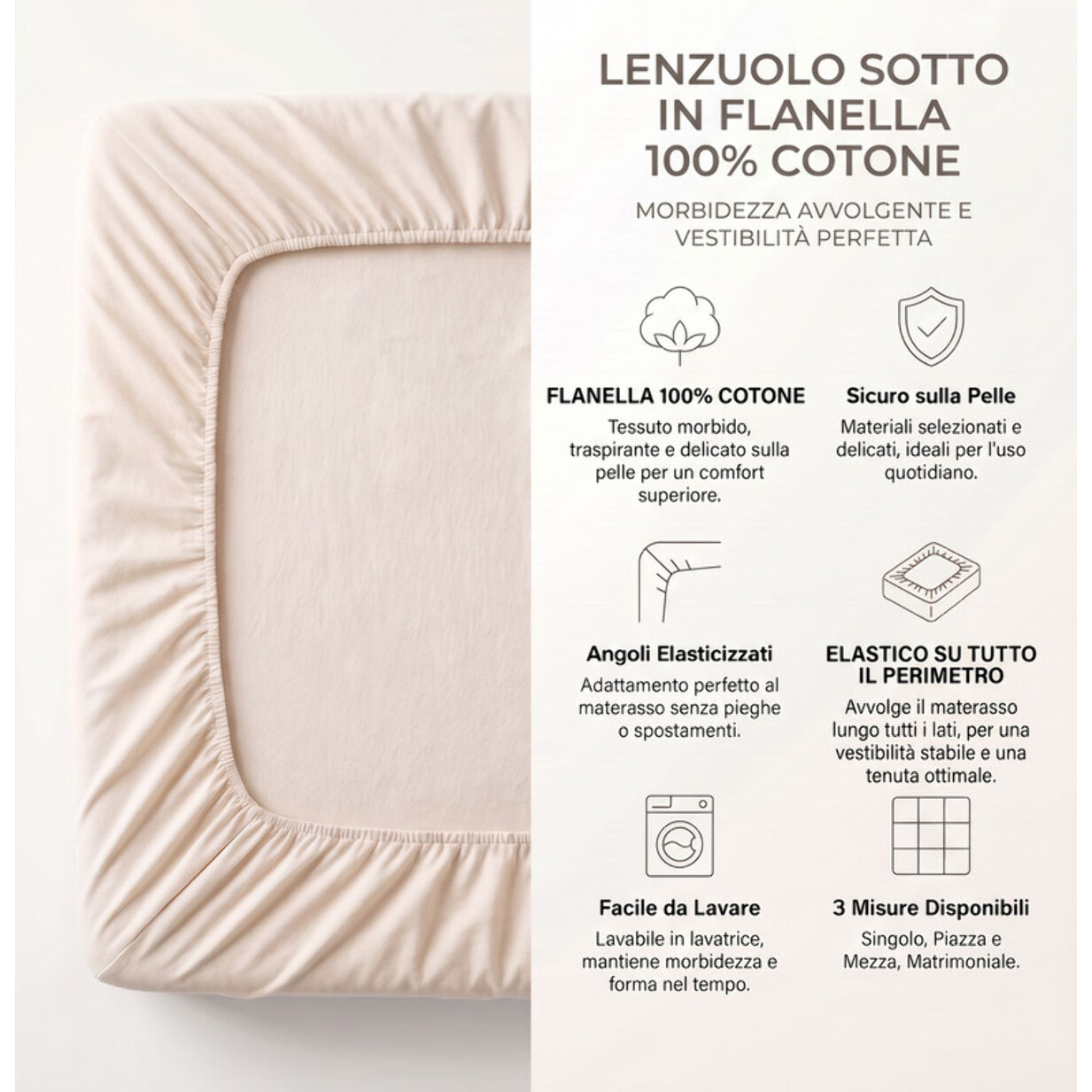 Lenzuolo sotto con angoli in flanella - Crema