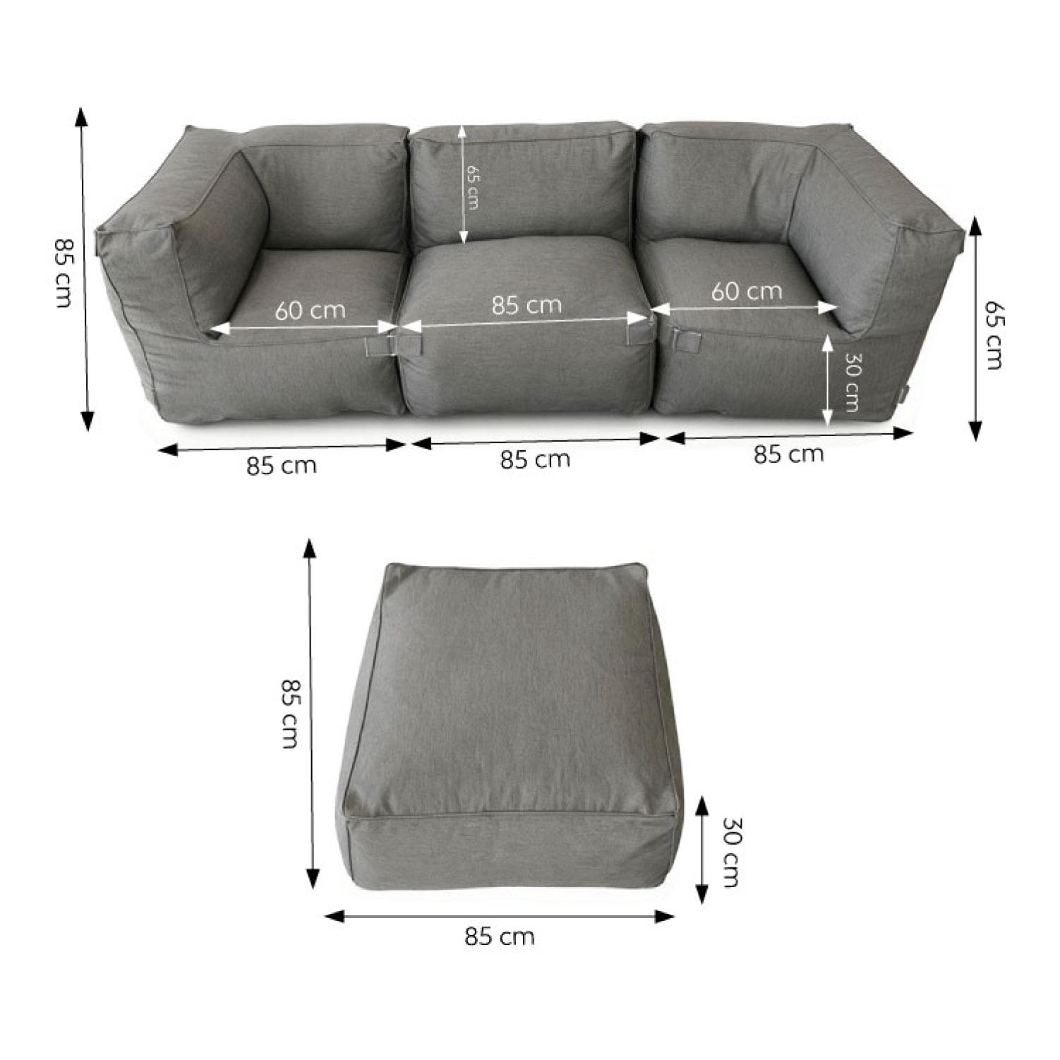 VERONE Salon de jardin modulable 4 places gris en tissu déperlant