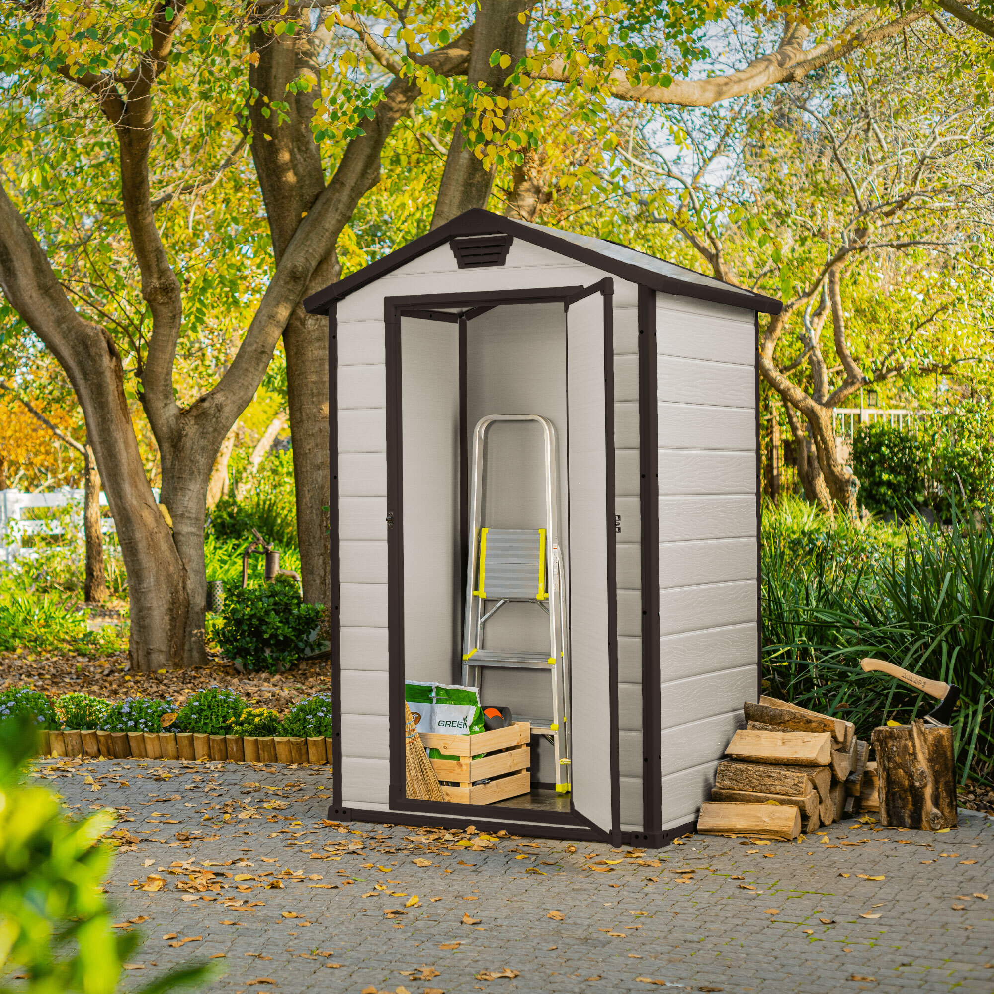 Manor 4x3 - Casetta da Giardino 129x196x103 cm 1 Anta per deposito attrezzi fini-tura effetto legno graffiato in Resina Beige