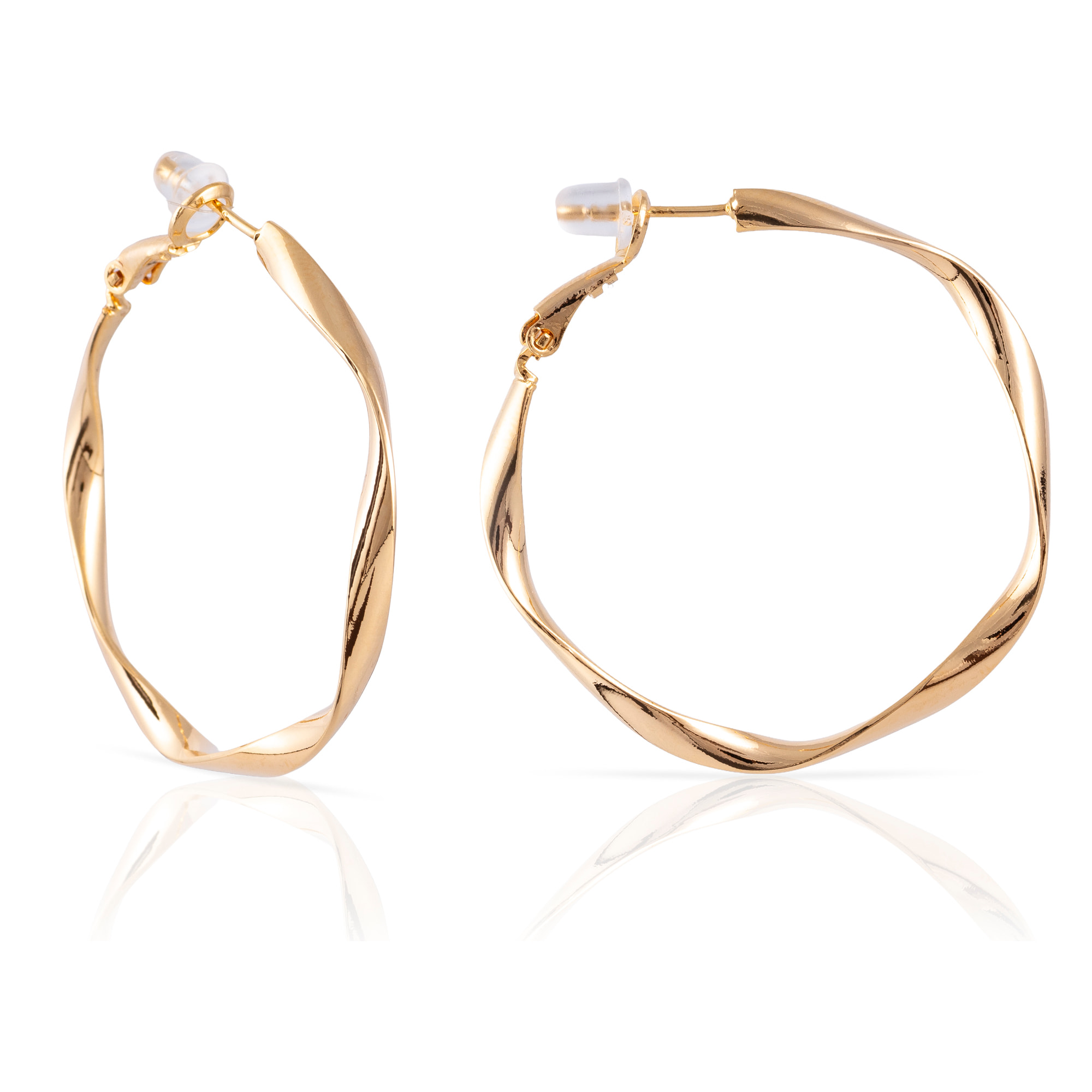 Pendientes de aro ondulados de cobre con baño de oro auténtico, 40 mm, cierre catalán de plata de ley 925 con acabado dorado electroplateado.