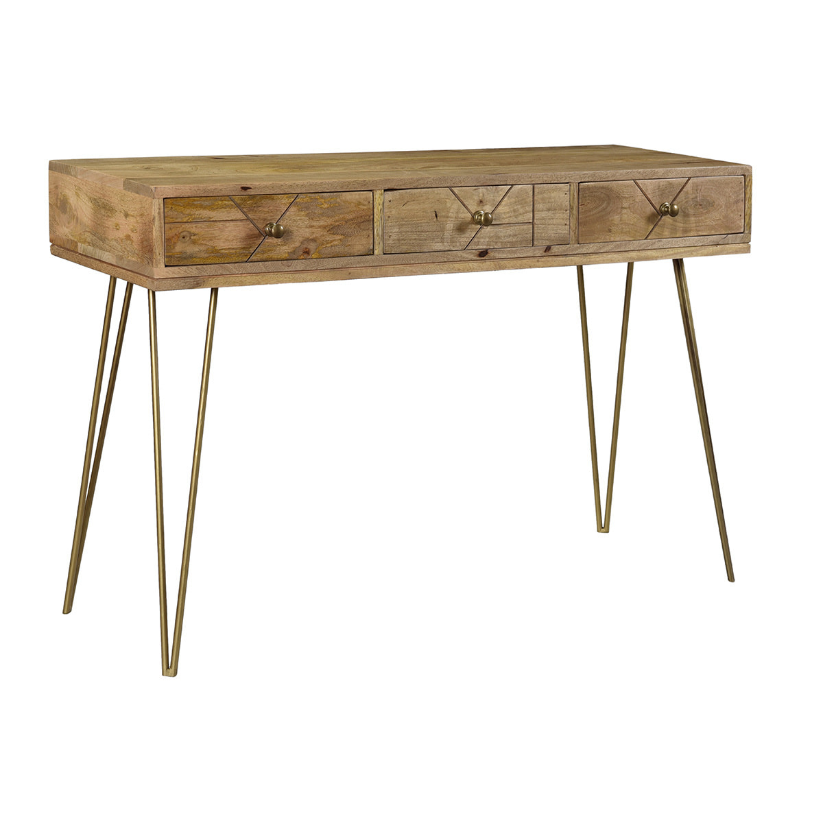 Console avec rangements 3 tiroirs en bois manguier massif gravé et métal doré L120 cm LINIUM
