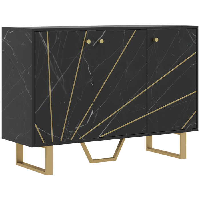 Buffet design - 3 portes, 2 étagères - dim. 107L x 35l x 75H cm - métal doré aspect marbre noir