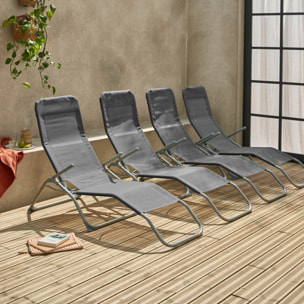 Lot de 4 bains de soleil pliants - Levito Anthracite - Transats textilène 2 positions. chaises longues