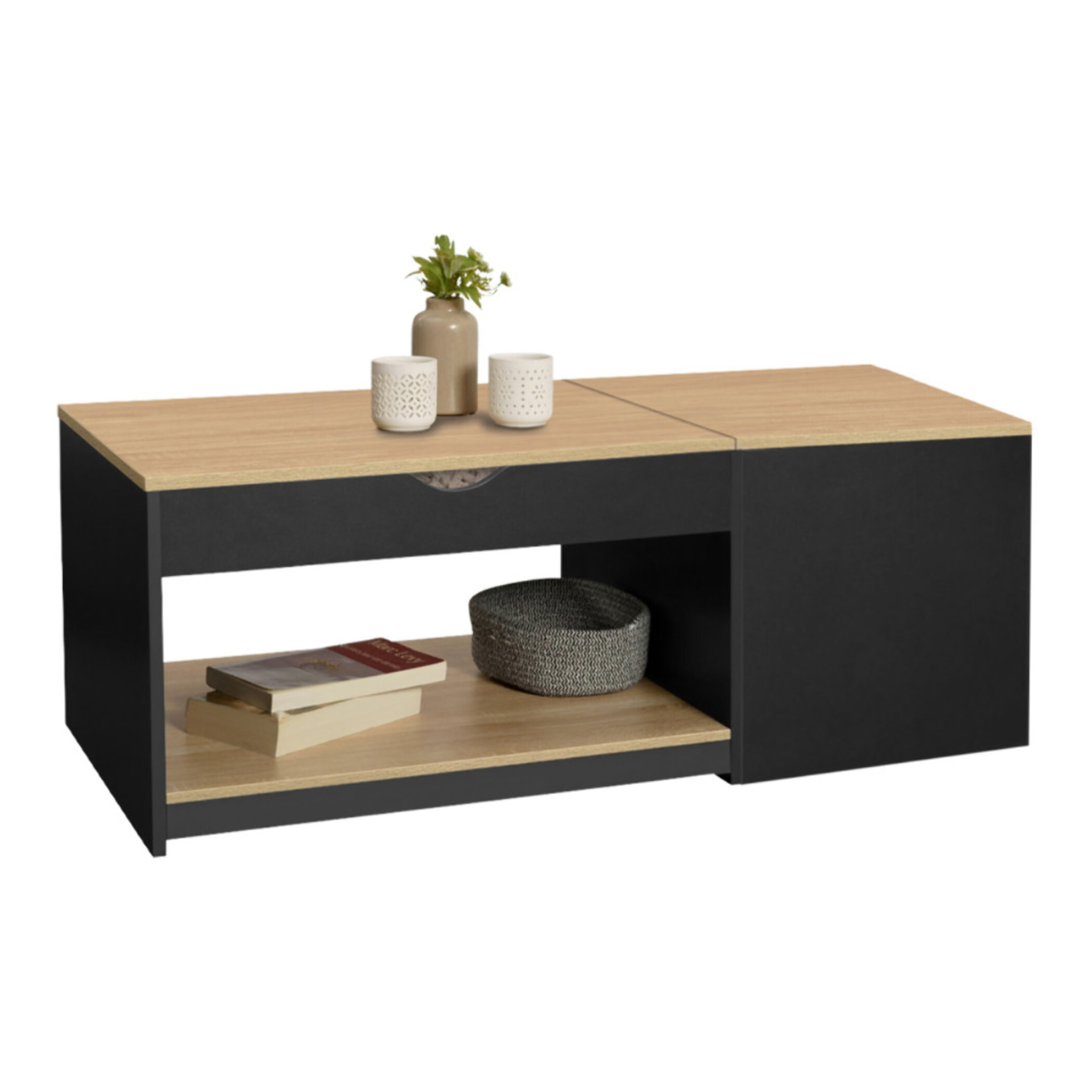 Table basse Elina avec double plateau relevable et coffre latéral L110cm - Bois - Noir