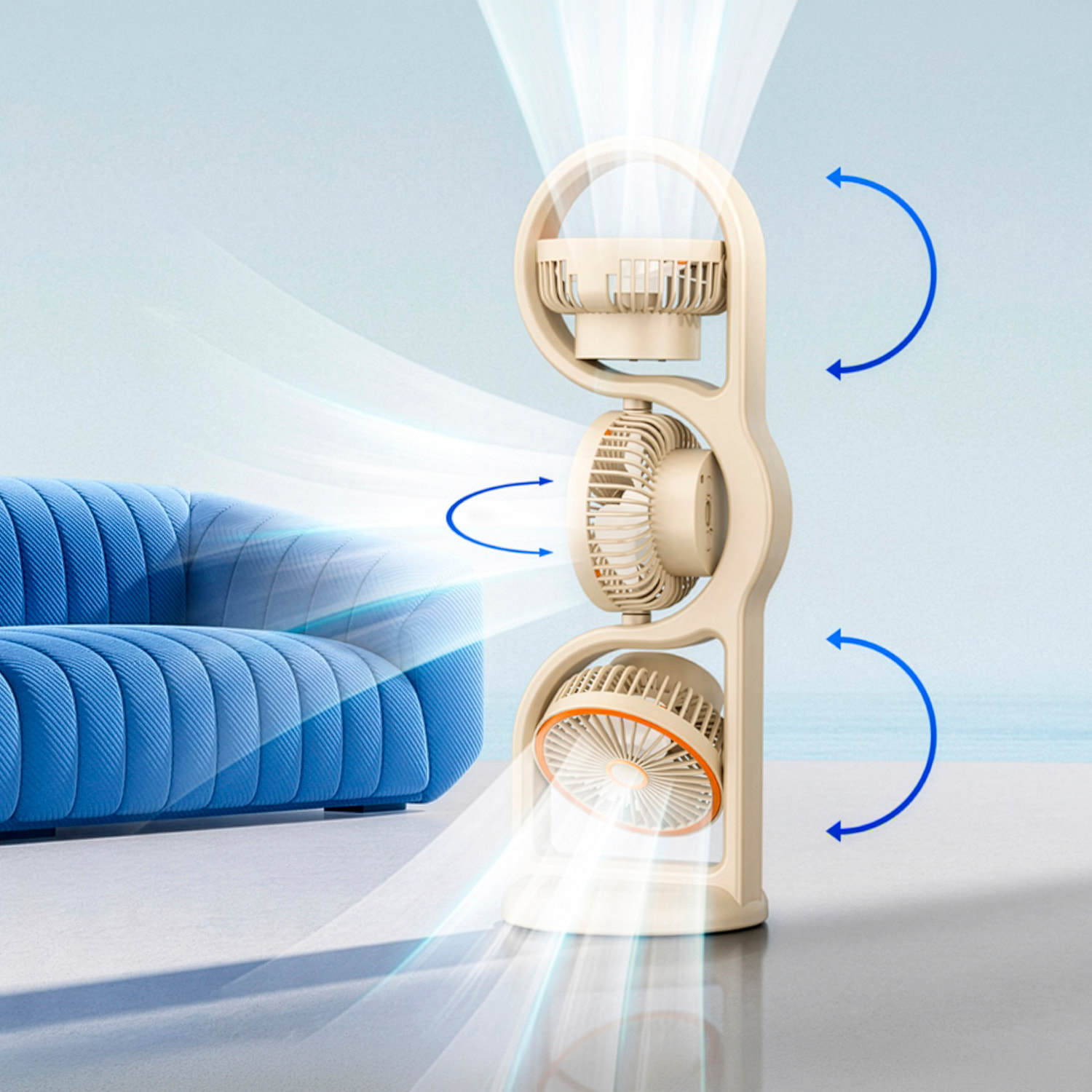 Ventilador de sobremesa F17. Con 3 ventiladores independientes, 5 velocidades por unidad y giro 360° vertical y horizontal. Incluye iluminación con 3 niveles de intensidad.