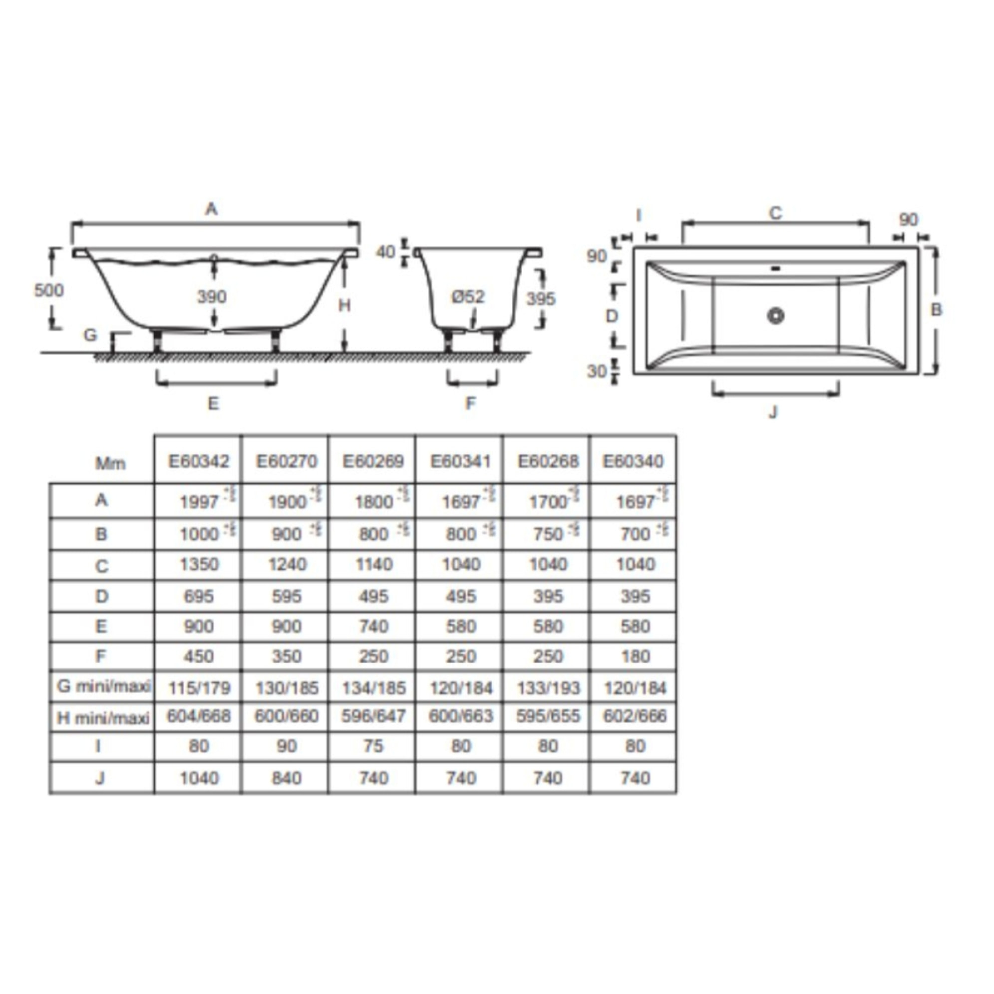 Baignoire droite 170 x 80 Evok, deux places + pare bain