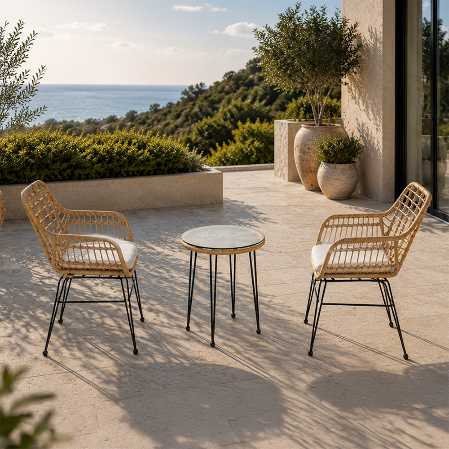 Ensemble de jardin 2 fauteuils et table basse effet rotin naturel LUGO