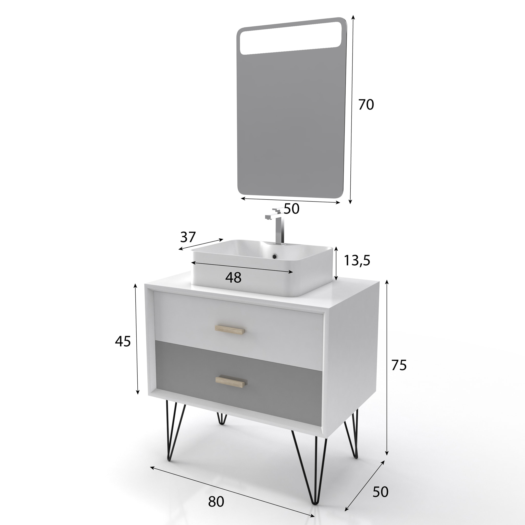 MEUBLE SALLE DE BAIN SCANDINAVE BLANC ET GRIS 80cm AVEC TIROIRS, VASQUE A POSER - MIROIR