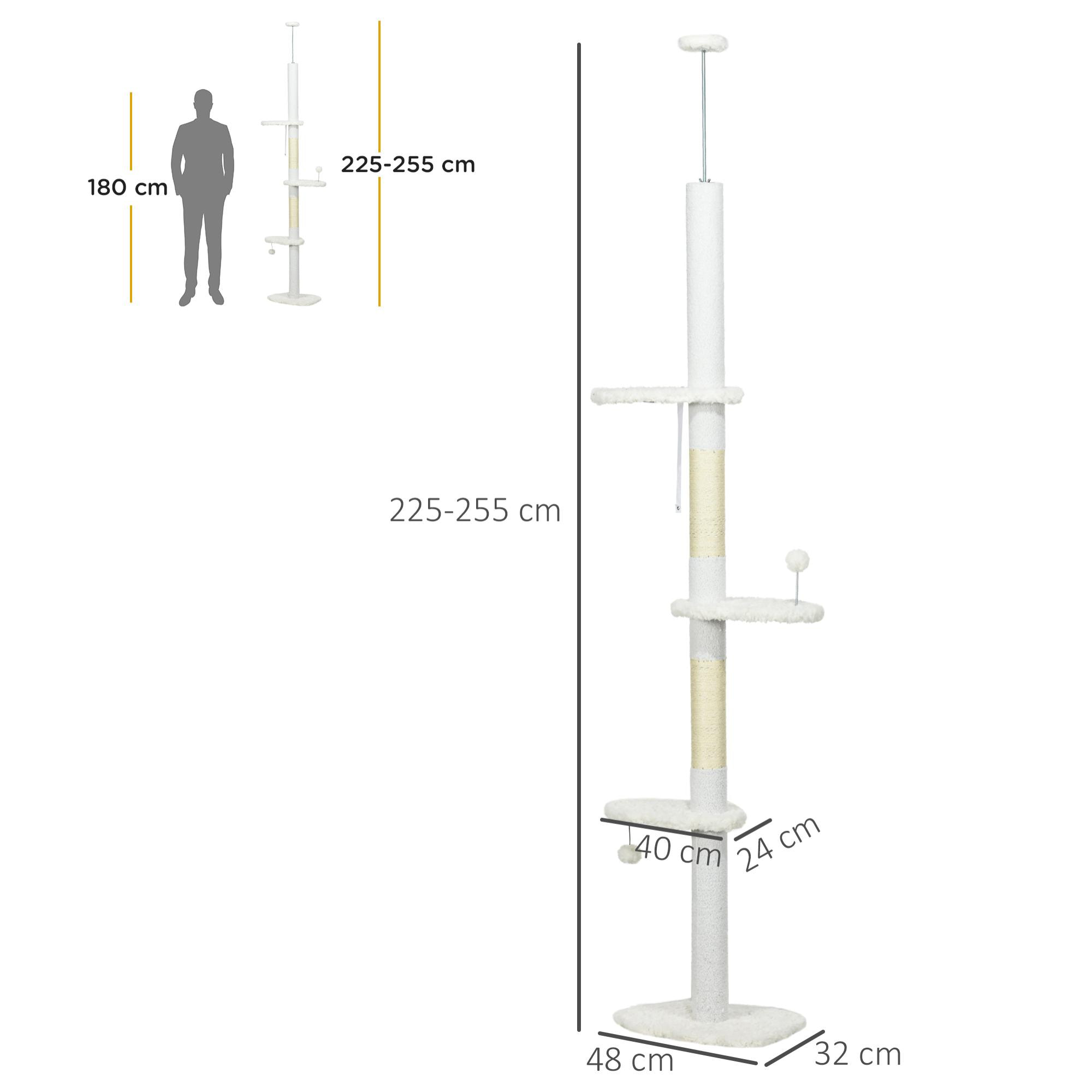 Árbol para Gatos de Suelo a Techo de 225-255 cm Torre para Gatos de Suelo a Techo Ajustable en Altura con 3 Plataforma de Forma de Nube Postes Rascadores y 2 Bolas 48x32x225-255 cm Blanco