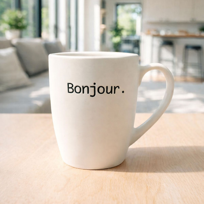 Lot de 6 mugs 38cl en grès blanc à message BONJOUR