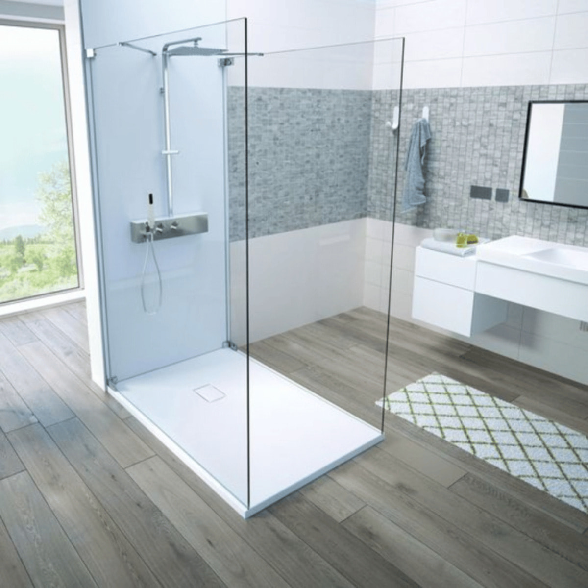 Receveur Kinesurf découpable 120x90 blanc aspect pierre avec cache-bonde assorti et bonde extra-plate