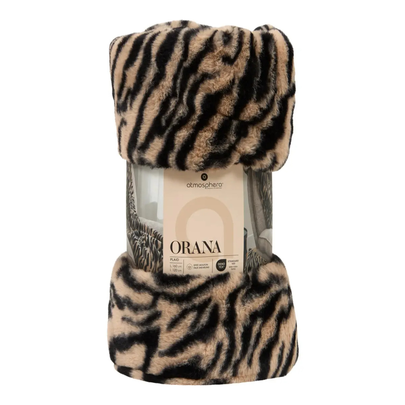 Plaid fausse fourrure imprimé Orana noir 160x120cm