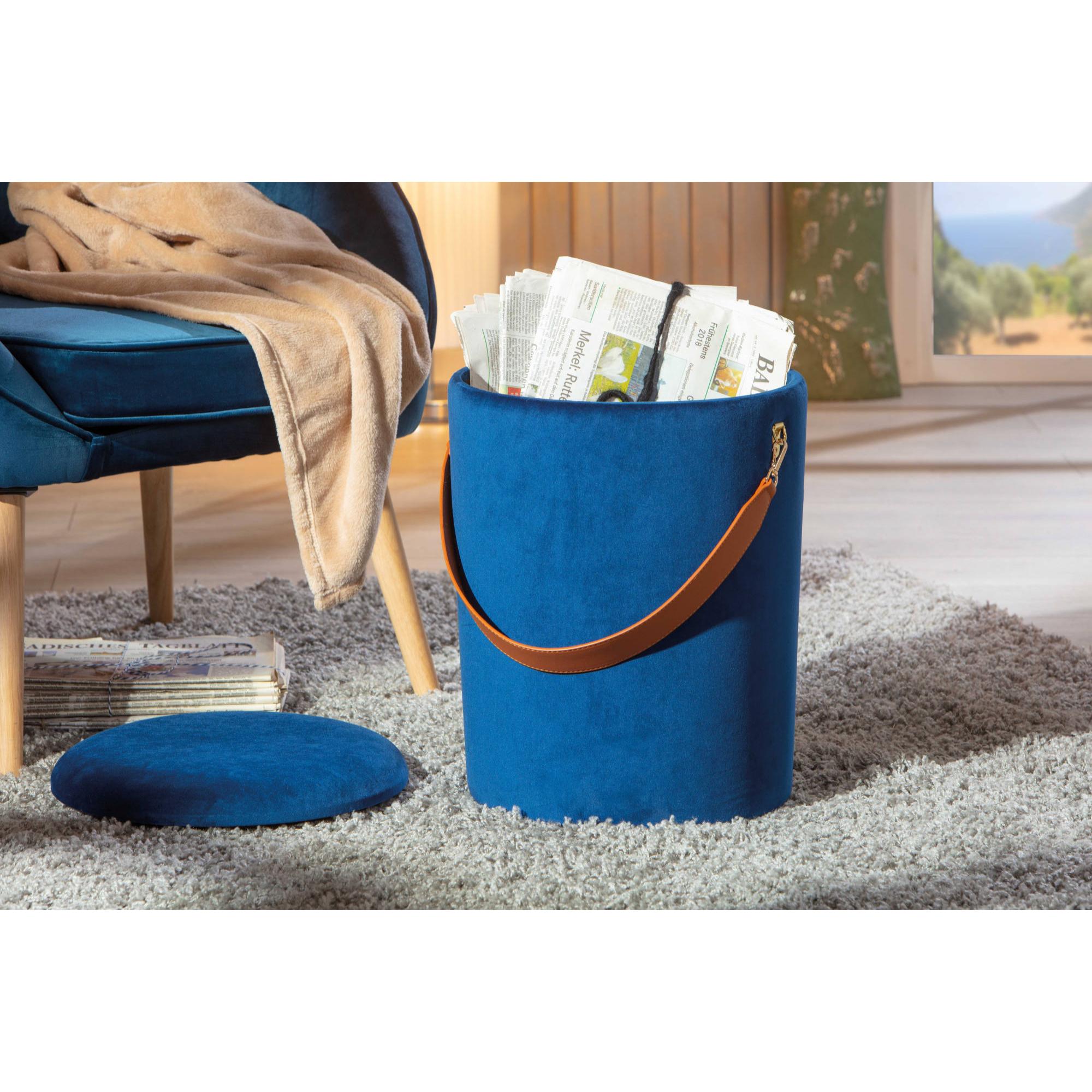 Pouf secchiello contenitore in velluto e maniglia in ecopelle, colore blu, cm 35x35x45