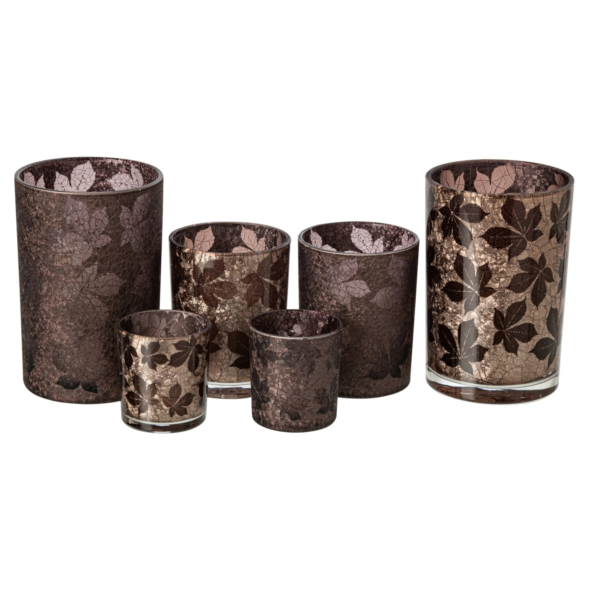 J-Line photophore feuilles craquelé - verre - marron foncé/beige - large - assortiment de 2