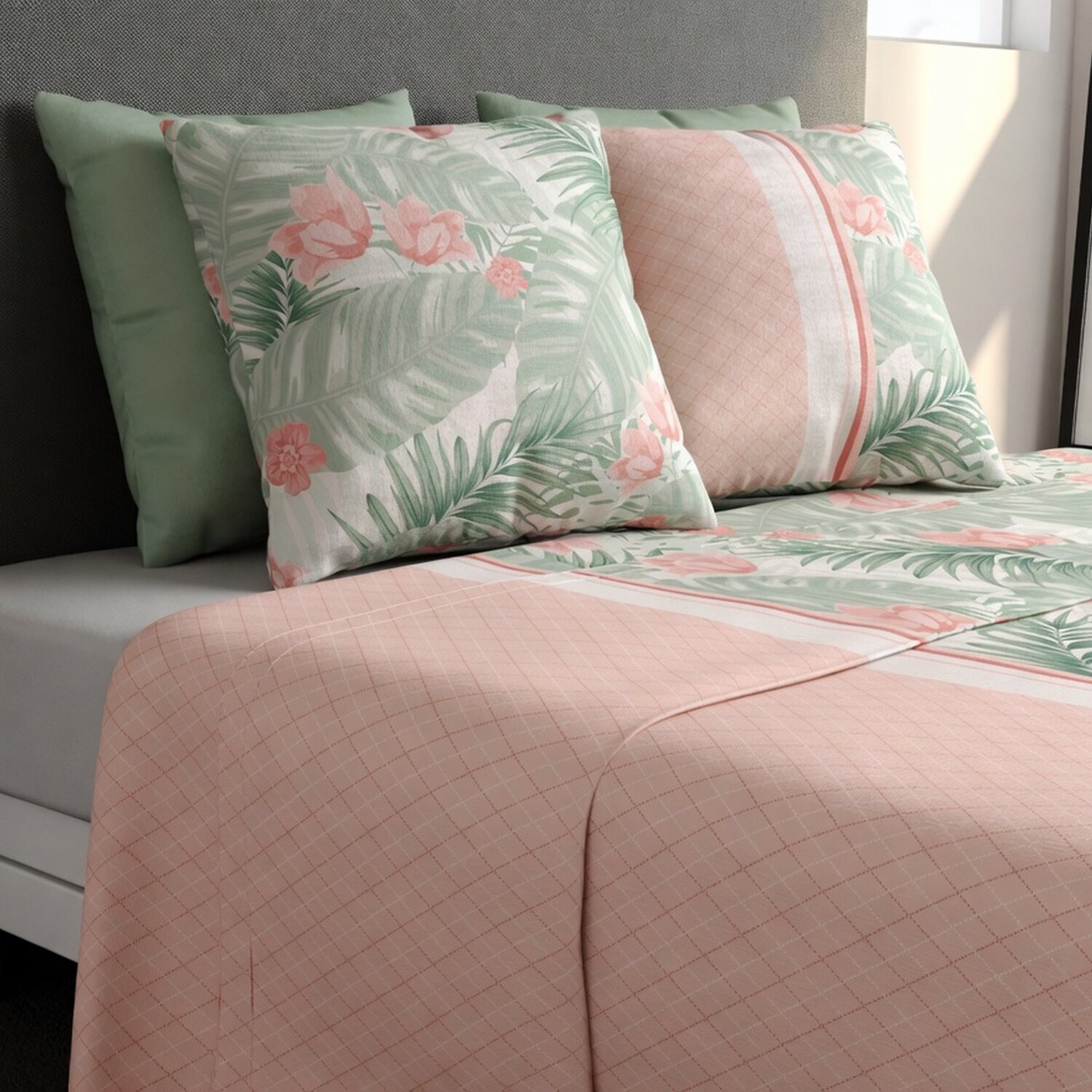 Parure de draps imprimé 100% coton - bora - rose clair