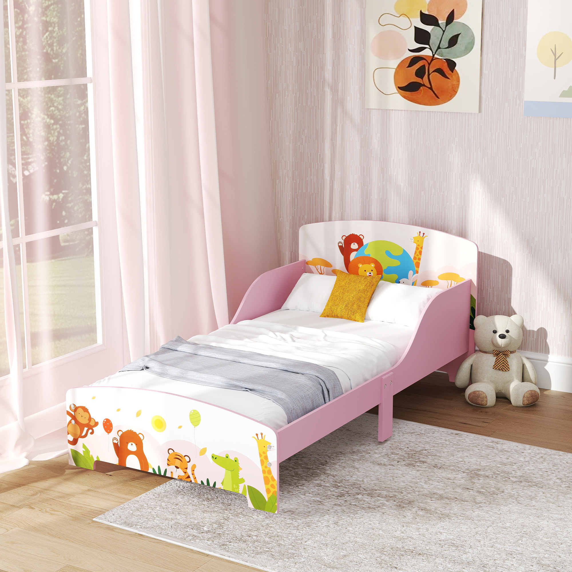 Lit enfant - lit d'enfant design animaux - sommier à lattes inclus - MDF contre-plaqué rose