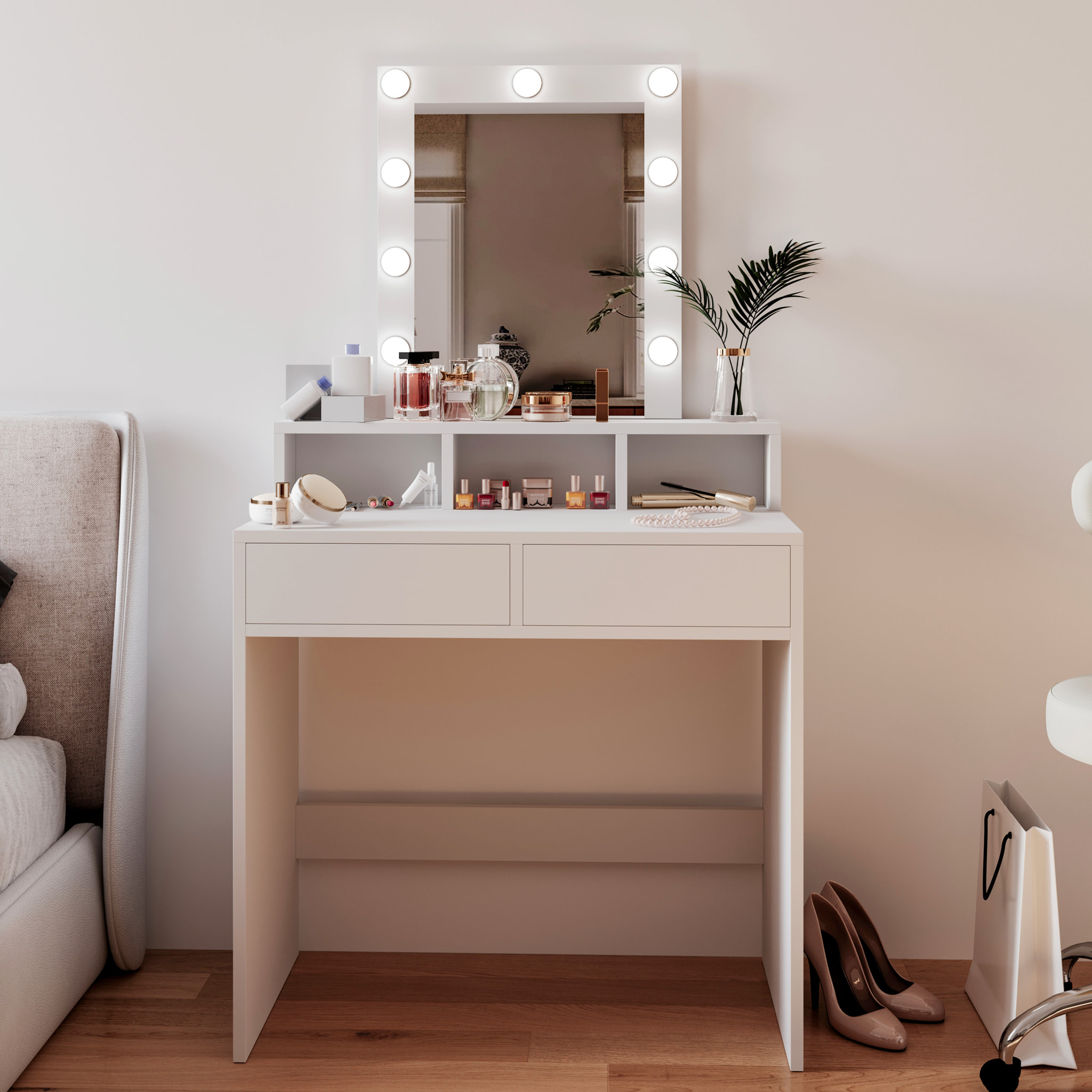 Toeletta Tavolino Da Trucco Tavolo Con 9 Luci LED Luminosità Regolabile Specchio 2 Cassetti 3 Scomparti Giorno Postazione Make Up 40x80x145 Cm Bianco