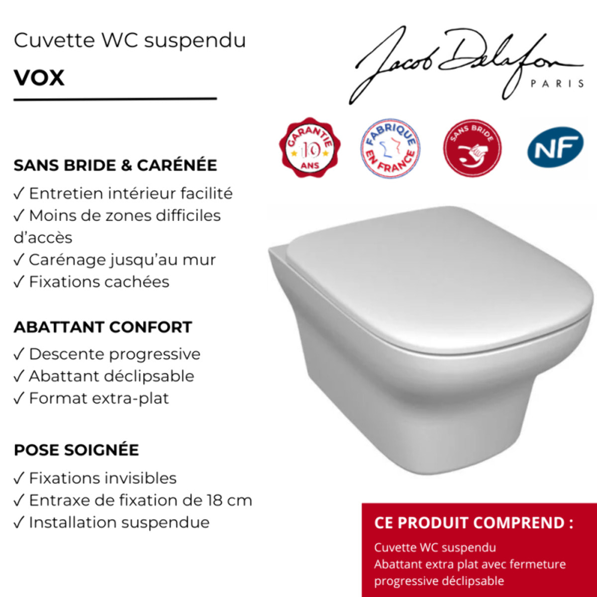 Cuvette WC suspendu sans bride Vox avec abattant frein de chute extra-plat déclipsable