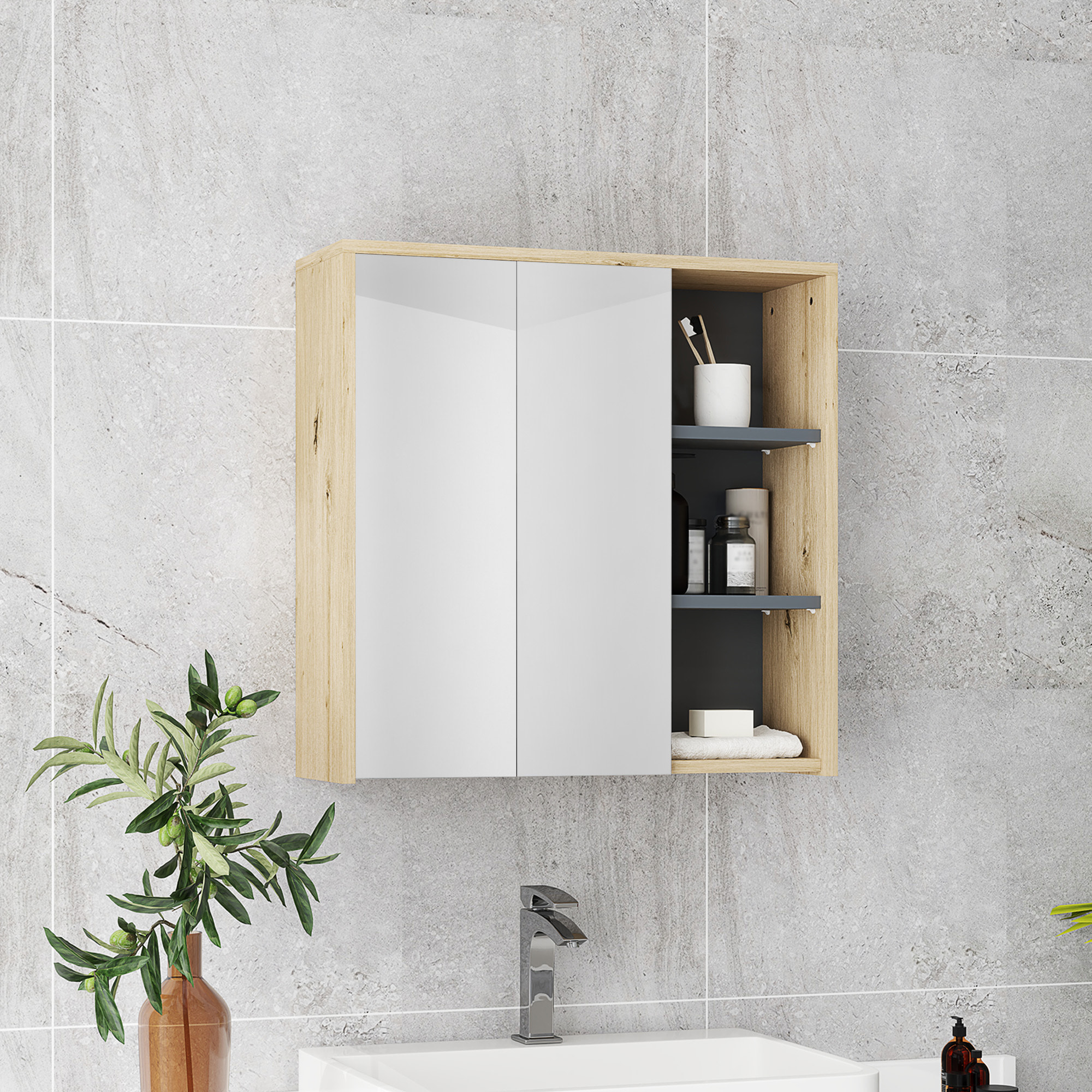 Armoire miroir de salle de bain - 2 portes, étagère, 3 niches - dim. 60 x 20 x 60 cm - effet bois clair naturel