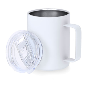 Taza térmica en acero inox de doble pared y 400 ml de capacidad. Incluye tapa de cierre a presión, con dosificador de fácil apertura, libre de BPA.