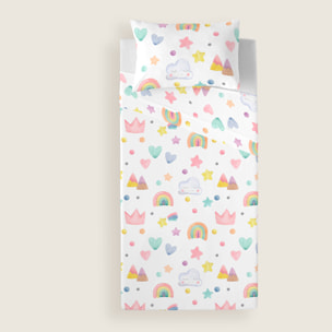 Cool Kids - Juego de Sábanas Estampadas - Infantil - Incluye 1 Funda de Almohada + 1 Sábana Bajera - 100% Algodón - Confetti