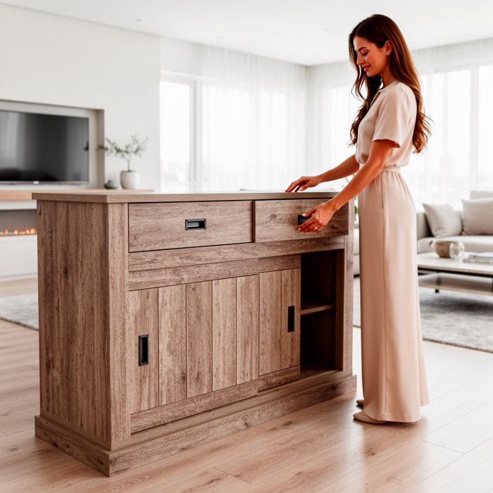 Madia Credenza Mobile Soggiorno Con 2 Cassetti E 2 Ante Scorrevoli 4 Ripiani Interni Design Minimal Shabby 150 x 50 x 95.5 Cm Colore Rovere Alaska