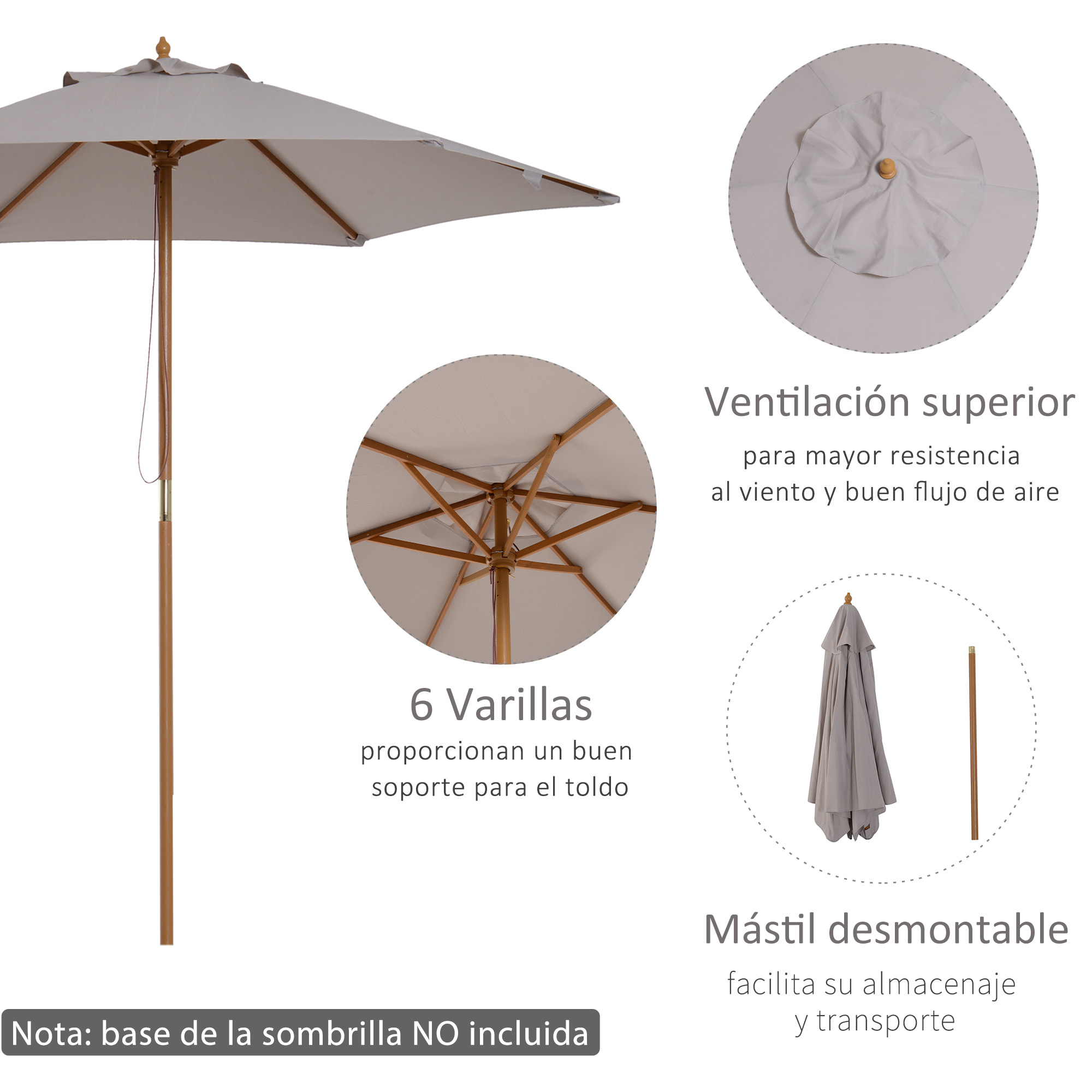 Sombrilla Parasol de Madera Ø250x230 cm para Exterior con 6 Varillas Sistema de Cuerda con Fijación Desmontable Portátil Fácil de Guardar y Transportar Gris