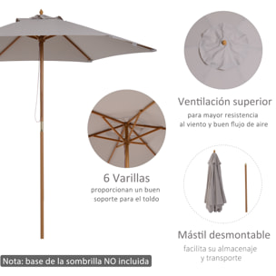 Sombrilla Parasol de Madera Ø250x230 cm para Exterior con 6 Varillas Sistema de Cuerda con Fijación Desmontable Portátil Fácil de Guardar y Transportar Gris