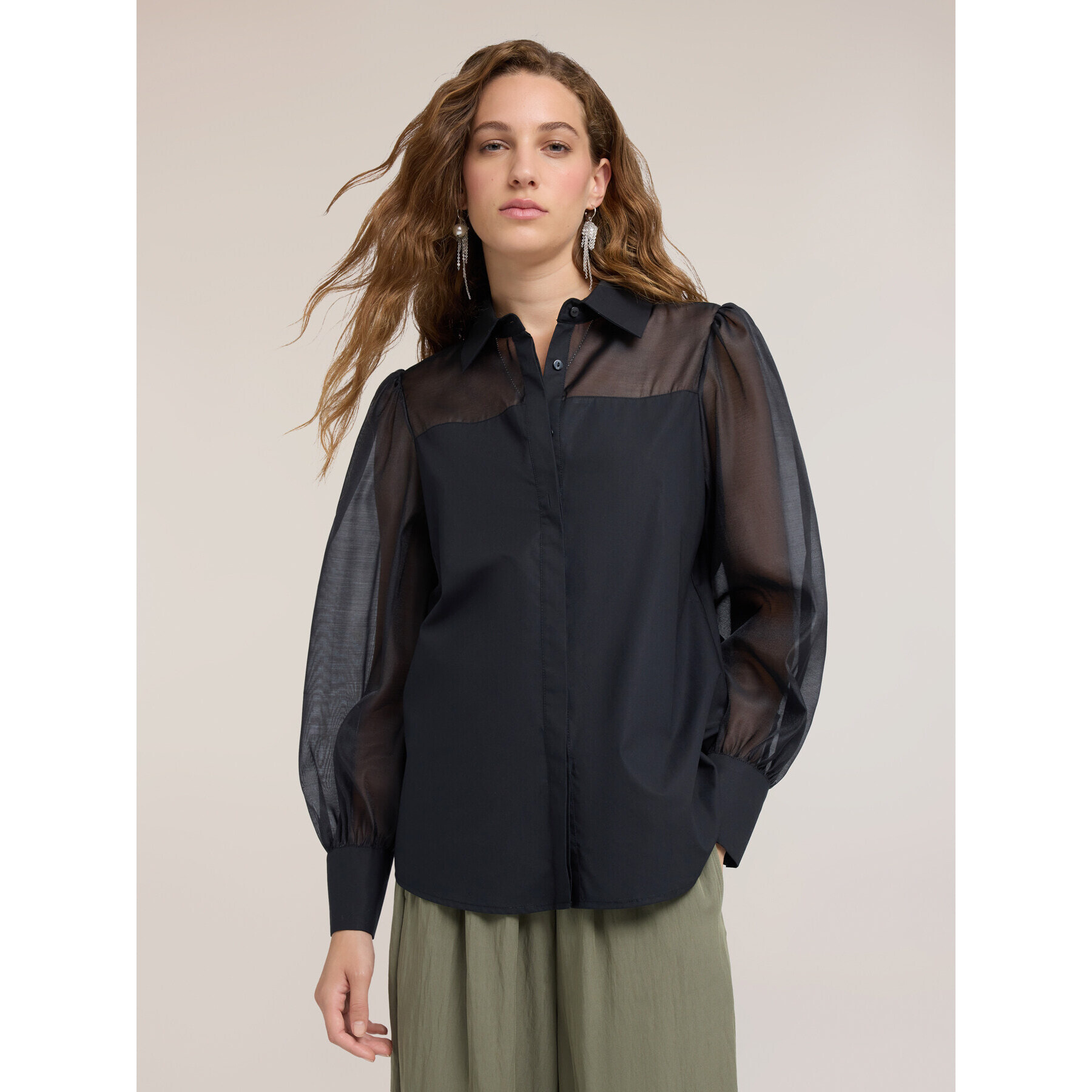 Motivi - Camicia in popeline con inserti semitrasparenti - Nero