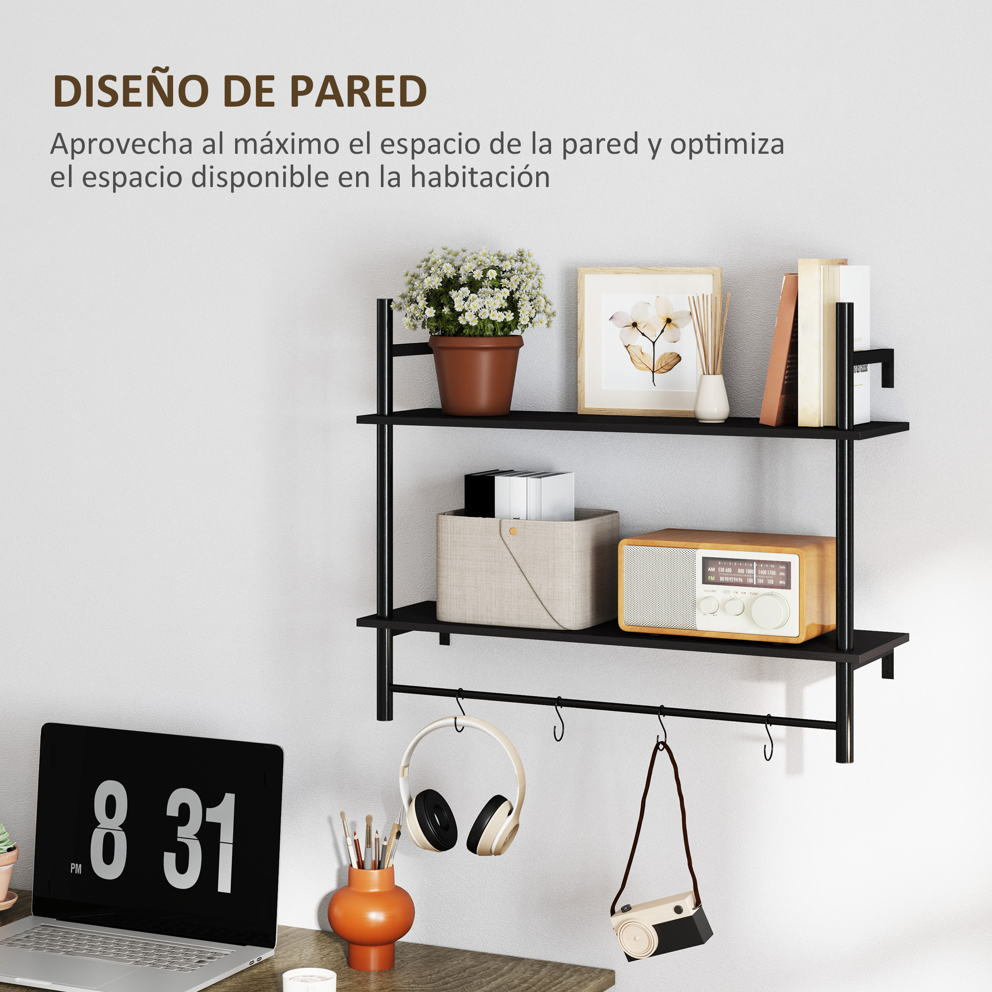 Estante de Pared de 2 Niveles Estante Flotante Repisas de Pared con 4 Ganchos 2 Estantes y Marco de Acero para Entrada Salón Dormitorio 80x24x65 cm Negro