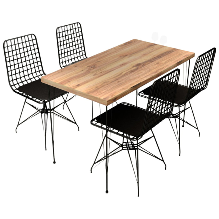 Ensemble repas table et chaises industriel bois et noir VERA