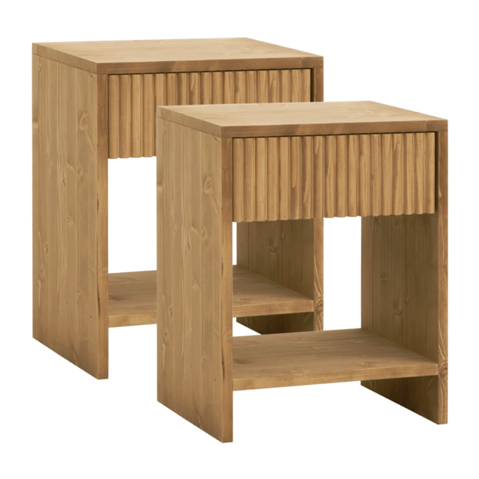 Pack de 2 tables de chevet en bois massif avec un tiroir ton chêne moyen en différentes tailles